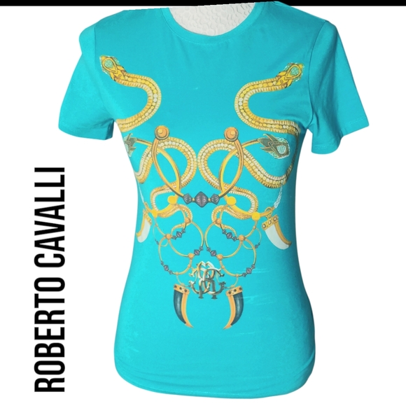 Roberto Cavalli Tops - Roberto Cavalli Turquoise Fitted Graphic Short Sleeve Tee, Serpent & Jewels,NWOT